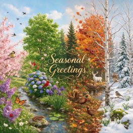 Seasonal Greetings image featuring spring flowers, summer sunshine, colorful fall leaves, and a peaceful snowy winter landscape