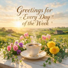 Weekday greetings image with morning coffee, colorful flowers and a golden sunrise featuring “Greetings for Every Day of the Week.”