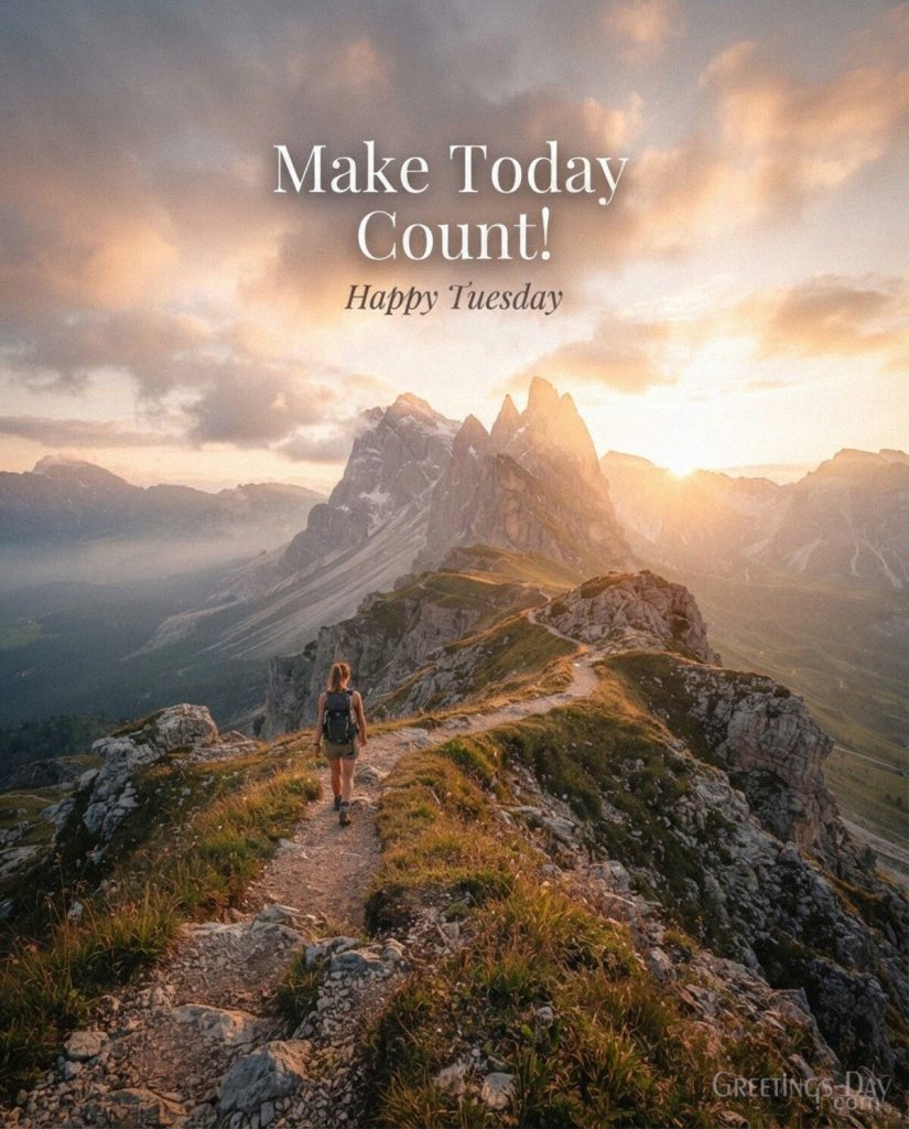 Motivational Tuesday image with glowing mountain peaks and golden sunrise featuring the inspirational message “Make Today Count!” with the text