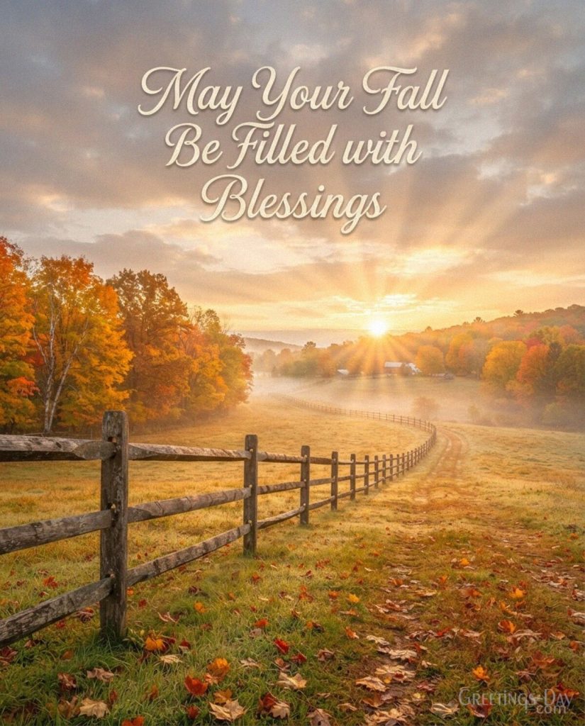 Autumn blessings image with golden countryside scenery featuring “May Your Fall Be Filled with Blessings.” with the text 