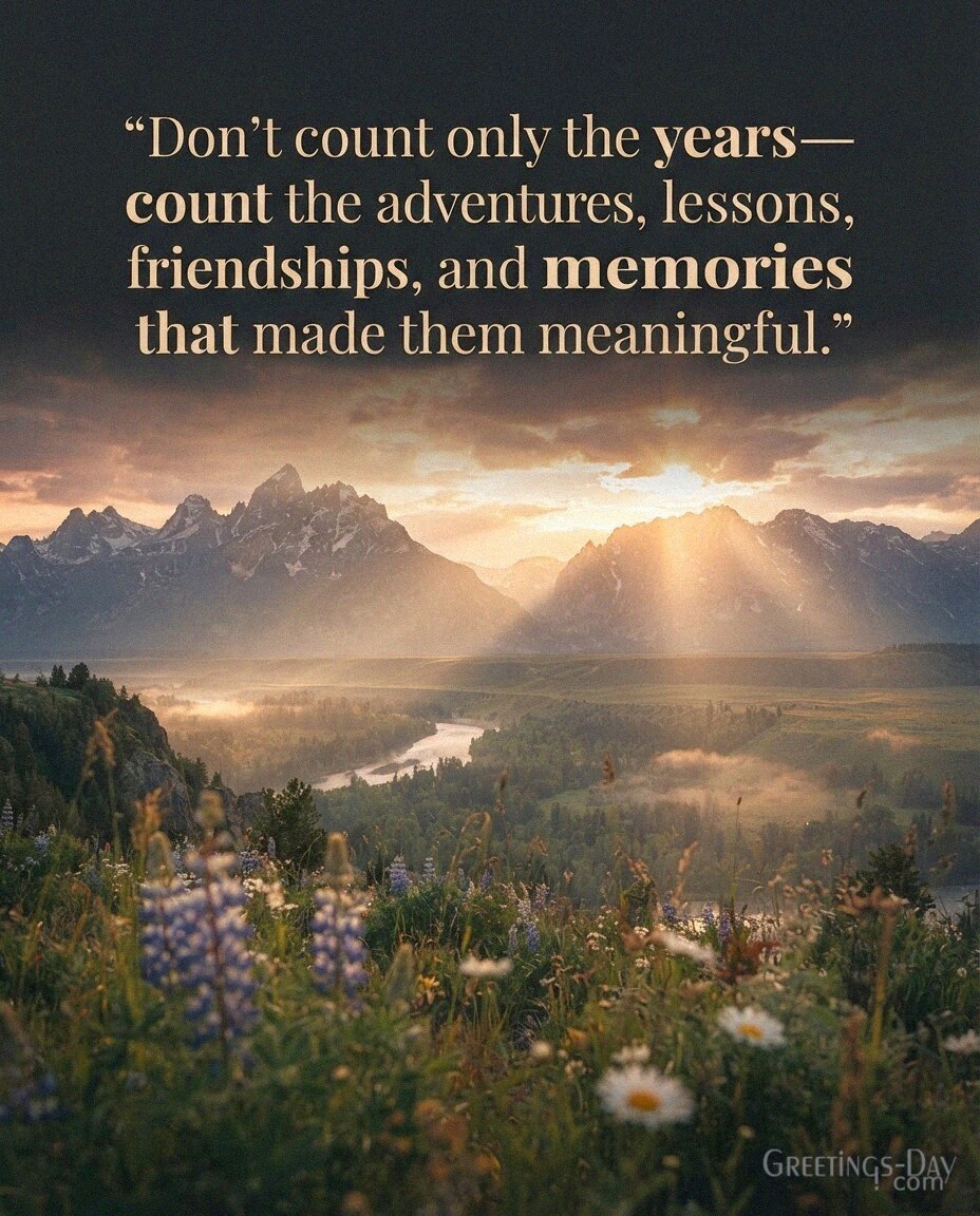 Meaningful Birthday Quote image with sunrise and mountains saying “Don't count only the years—count the adventures