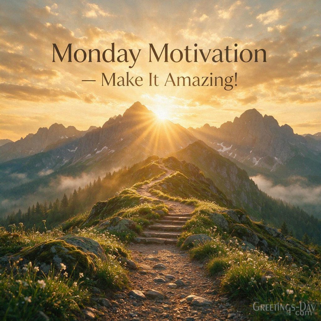 Monday Motivation image with an inspiring mountain sunrise and scenic path featuring “Monday Motivation — Make It Amazing!” with the text 