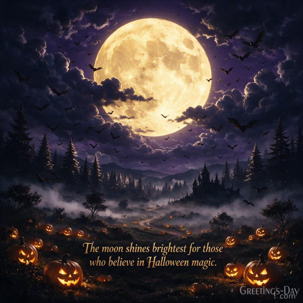 Halloween quotes image featuring giant full moon, flying bats, spooky forest, and inspirational Halloween message