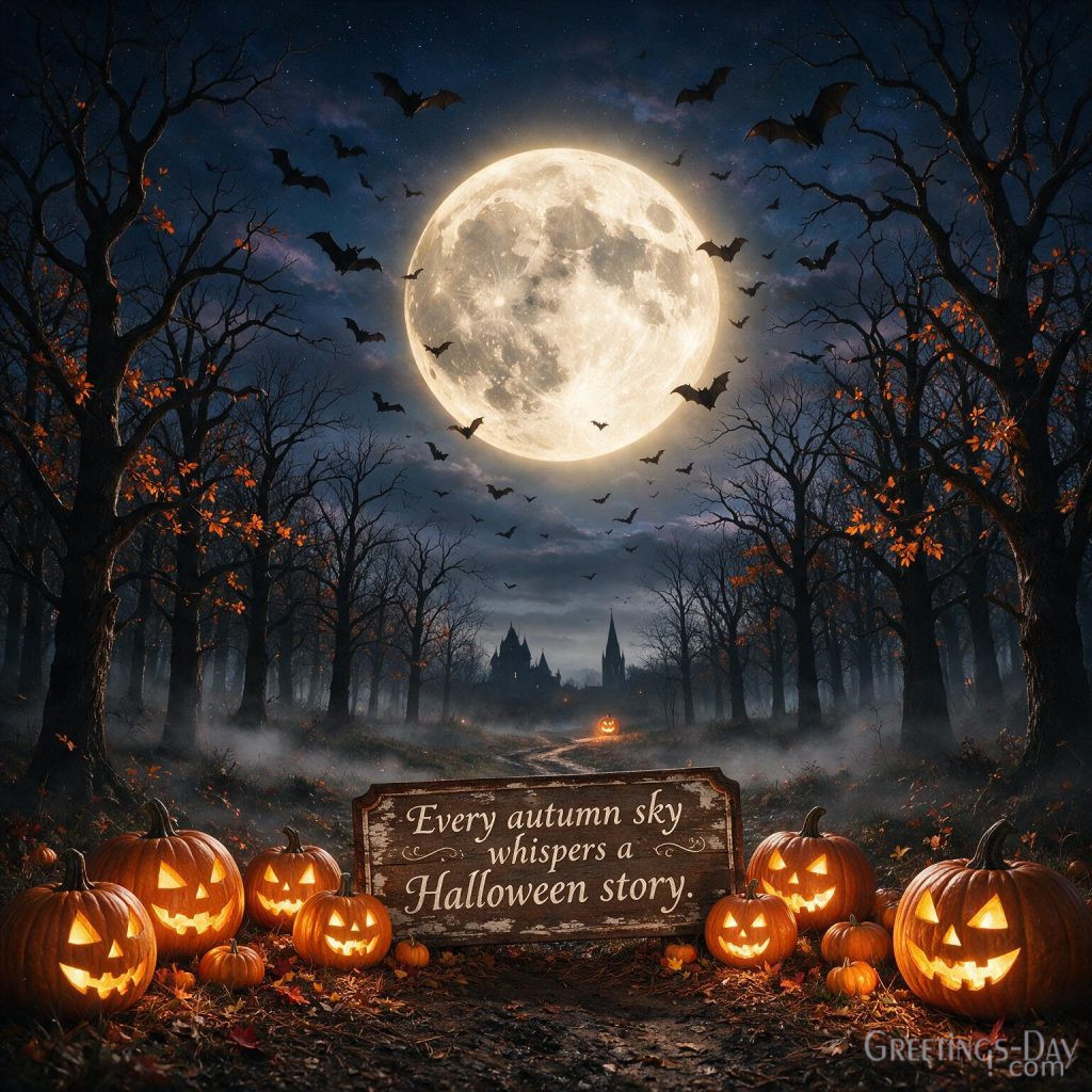Inspirational Halloween sayings image with moonlit forest, bats, glowing pumpkins, and seasonal quote