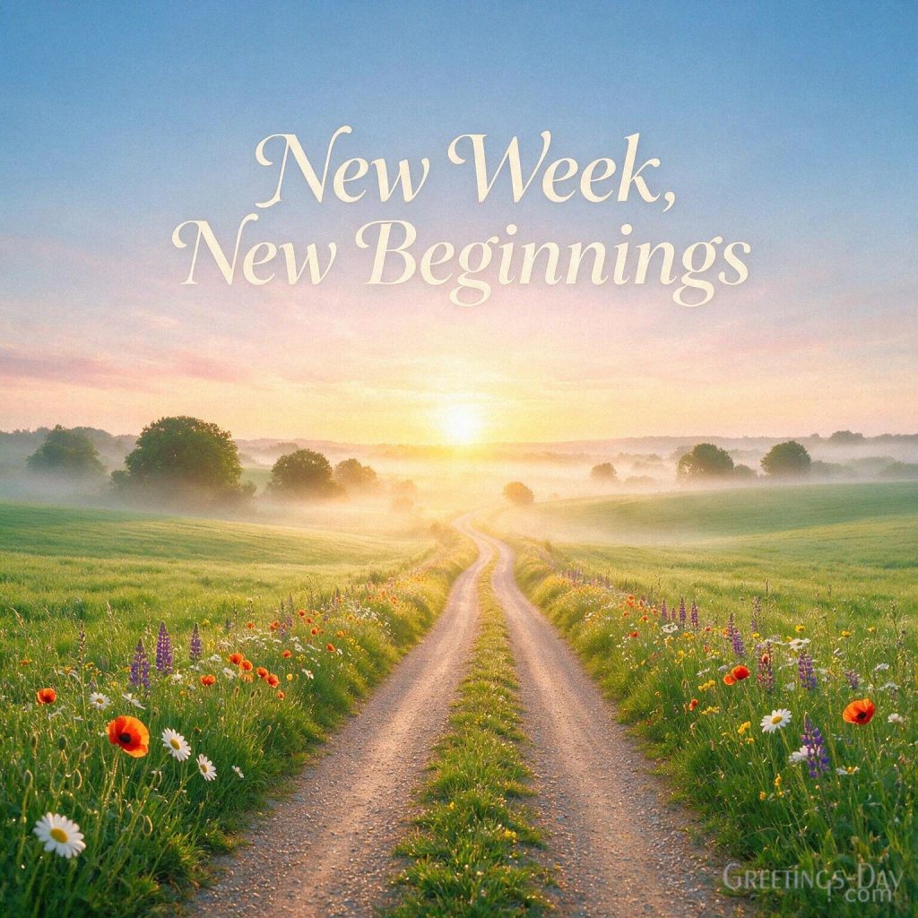 New Week New Beginnings Monday image with a peaceful countryside road leading toward a beautiful golden sunrise. with the text