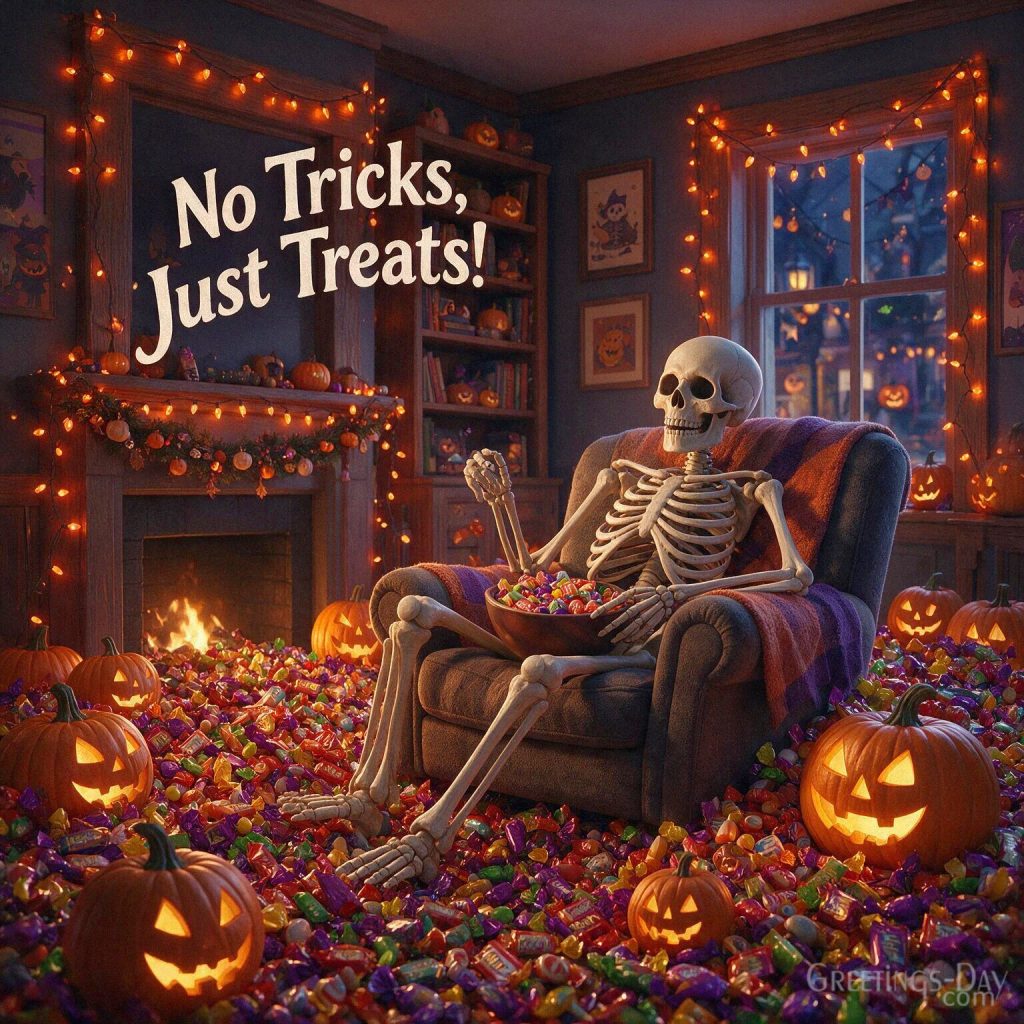 Funny Halloween greeting card with a skeleton
