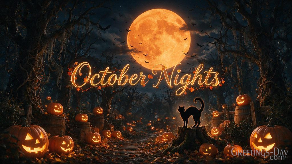 October Nights Halloween wallpaper with moonlit forest bats and pumpkin path