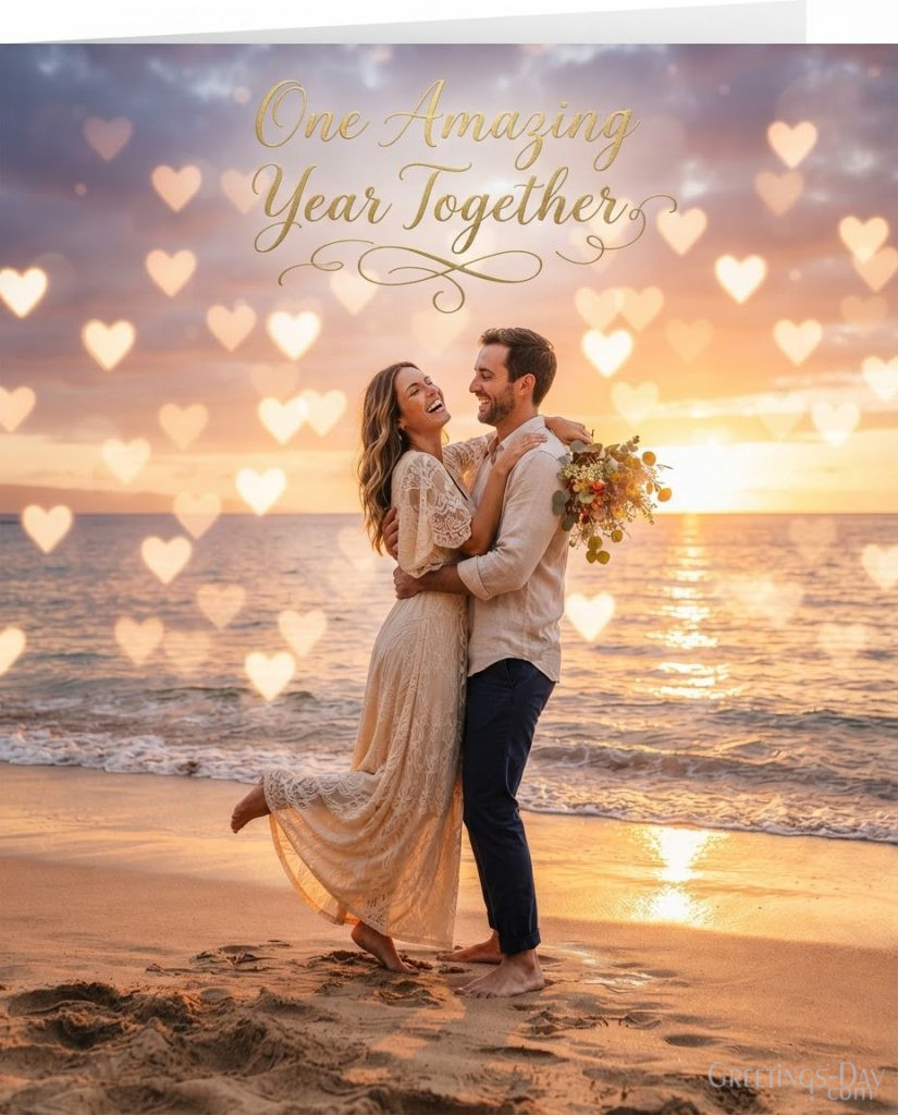 Romantic First Anniversary picture featuring One Amazing Year Together message with a loving couple walking along the beach at sunset.