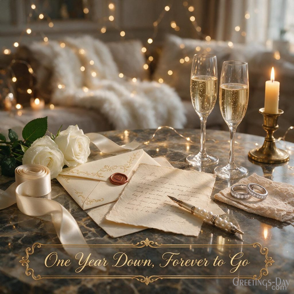 Romantic First Anniversary greeting card with champagne, candles, and One Year Down, Forever to Go anniversary wish.