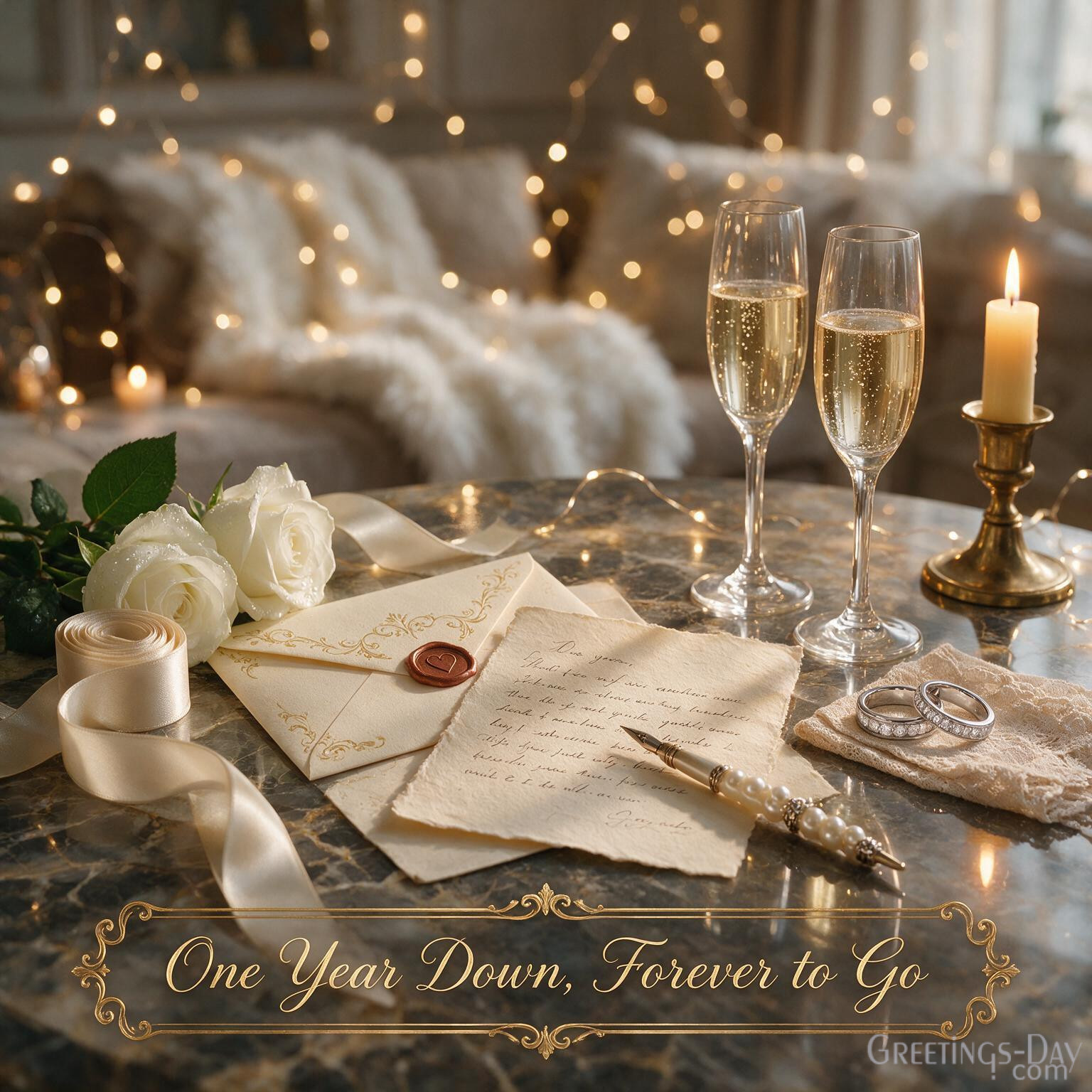 Romantic First Anniversary greeting card with champagne, candles, and One Year Down, Forever to Go anniversary wish.