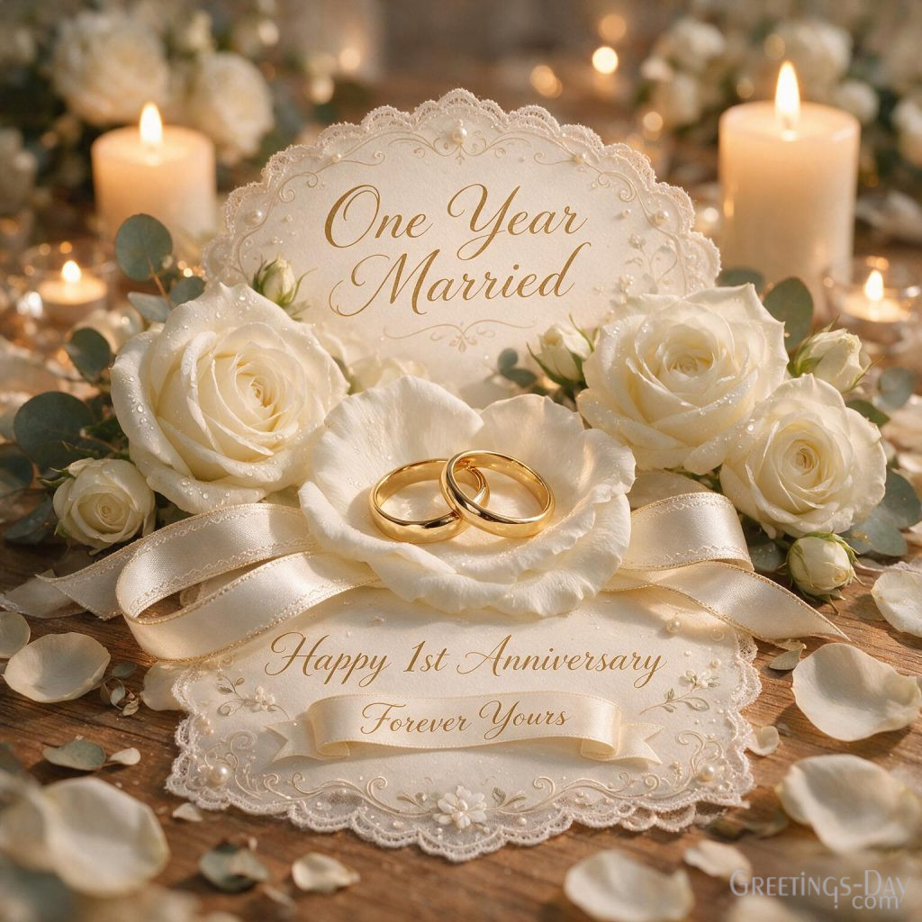 Luxury First Anniversary card with gold wedding rings and One Year Married greeting on white roses.