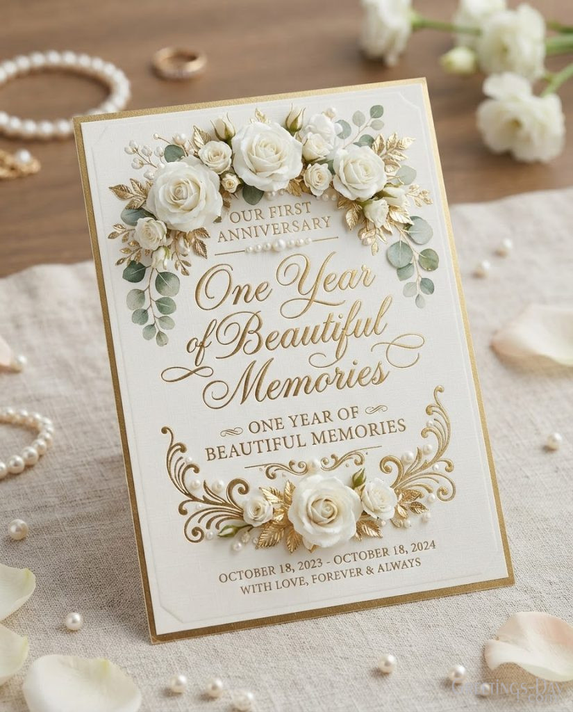 Elegant First Anniversary image with orchids and pearls displaying One Year of Beautiful Memories message
