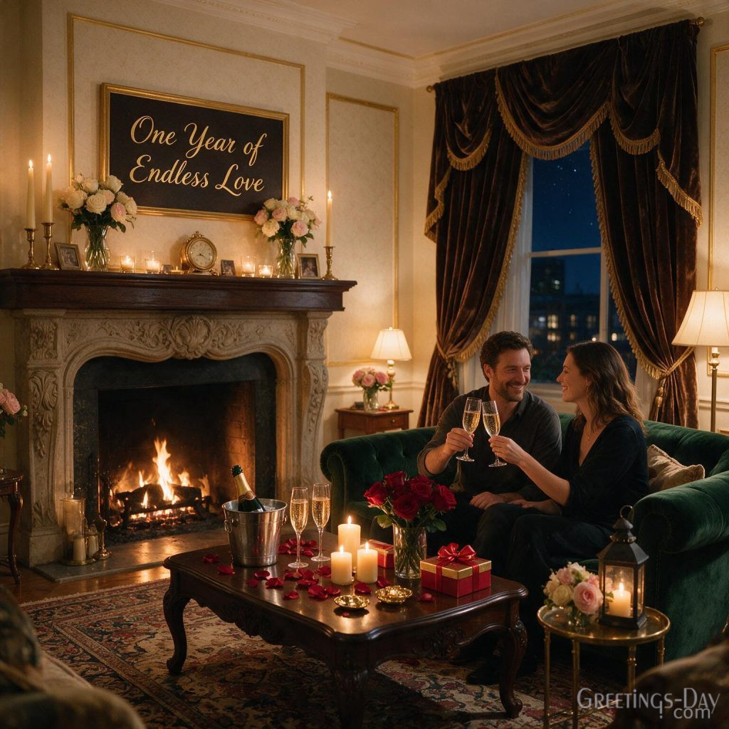 Beautiful First Anniversary image with candles and fireplace displaying One Year of Endless Love greeting.