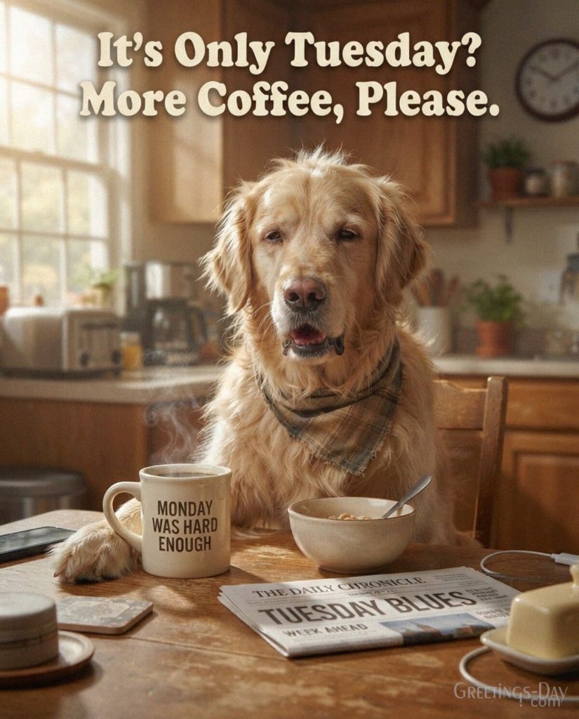 Funny Tuesday greeting with a tired golden retriever at the kitchen table featuring “It’s Only Tuesday? More Coffee