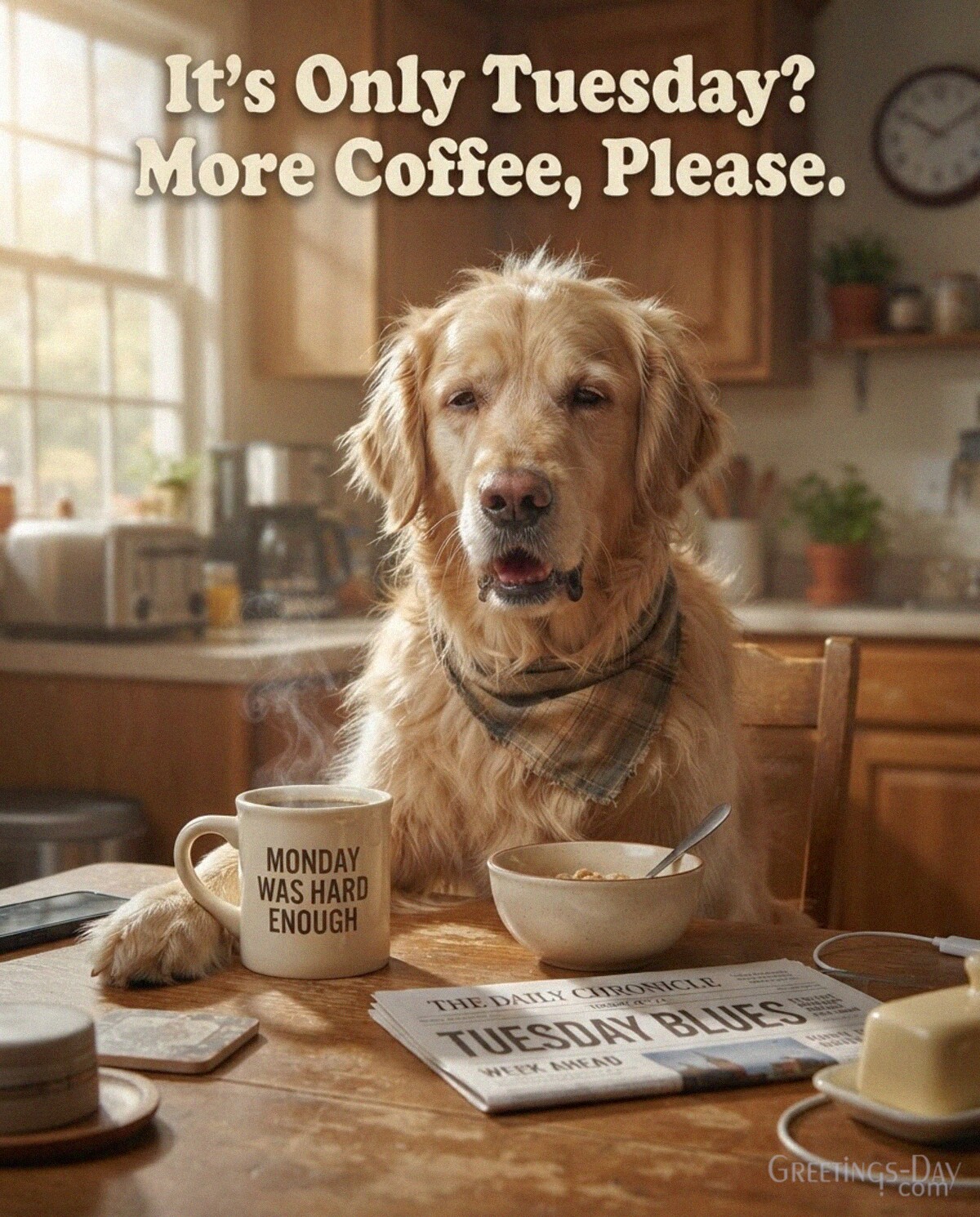 Funny Tuesday greeting with a tired golden retriever at the kitchen table featuring “It’s Only Tuesday? More Coffee