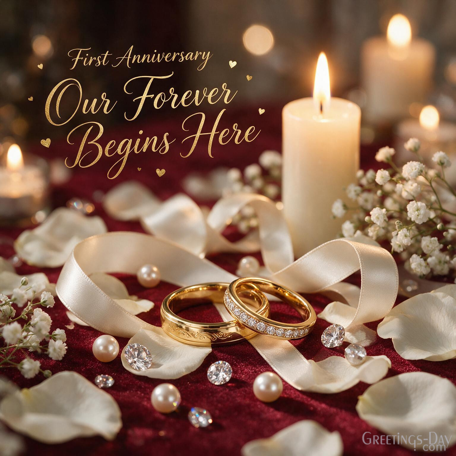 Premium First Anniversary picture with white roses and Our Forever Begins Here romantic anniversary message.