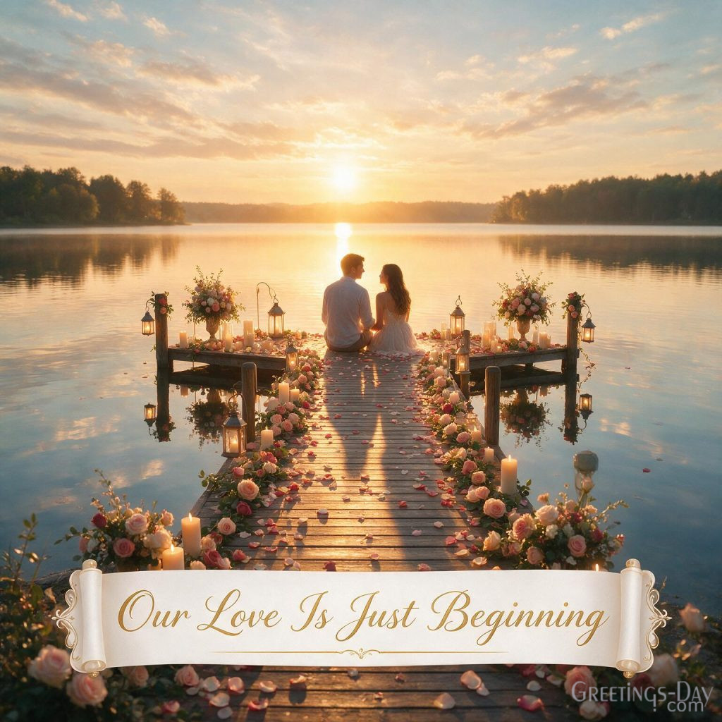 Elegant First Anniversary image with roses and lanterns featuring Our Love Is Just Beginning anniversary wish.