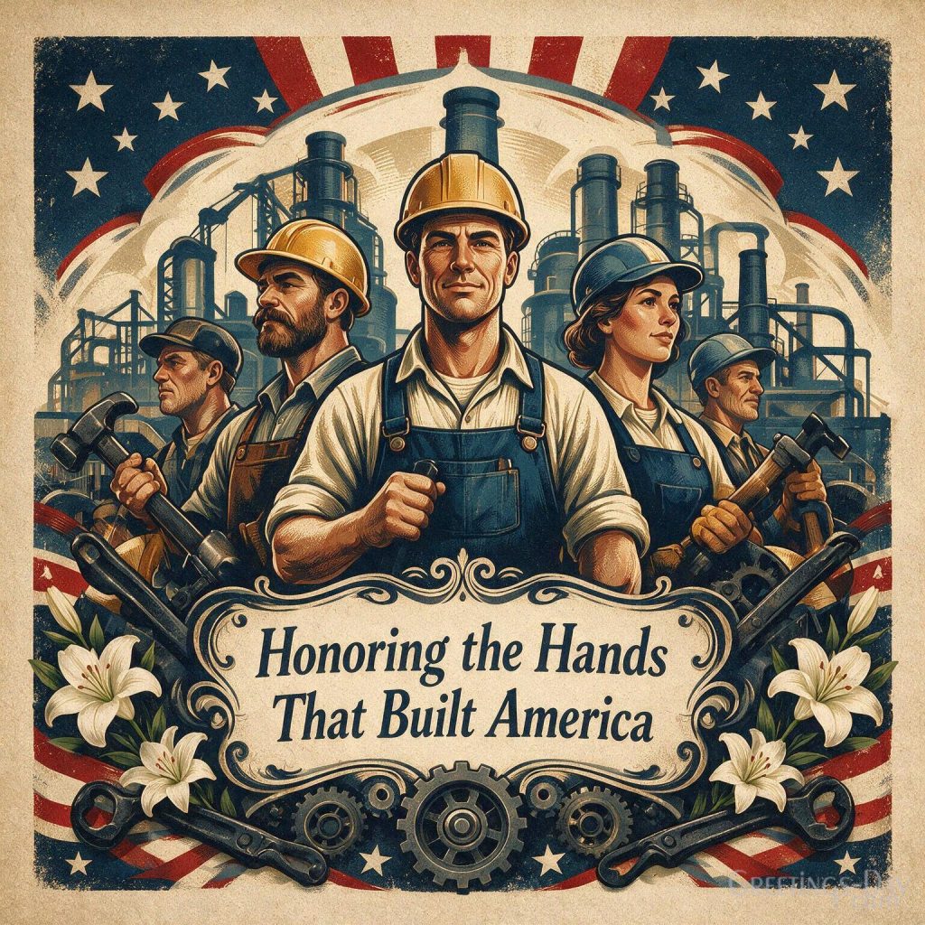 Patriotic vintage Labor Day card with workers and American flag details featuring “Proud to Celebrate Labor Day” with the text