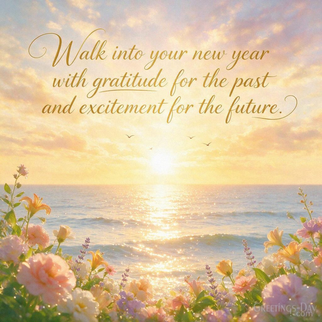 Positive Birthday Quotes image with radiant ocean sunrise featuring “Walk into your new year with gratitude for the past and excitement for the future.” with the text 