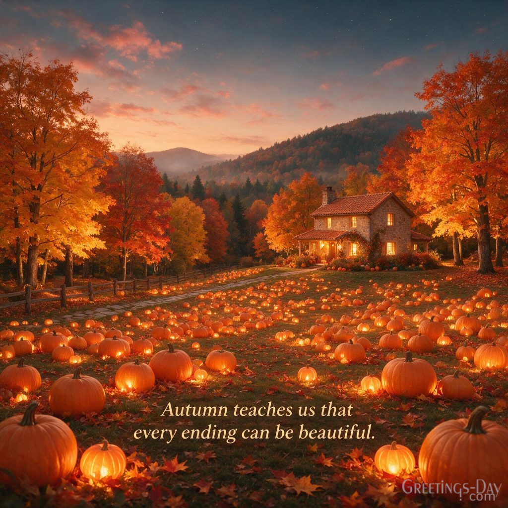 Autumn Halloween quotes image with glowing pumpkin patch, sunset, scarecrow, and inspirational fall quote
