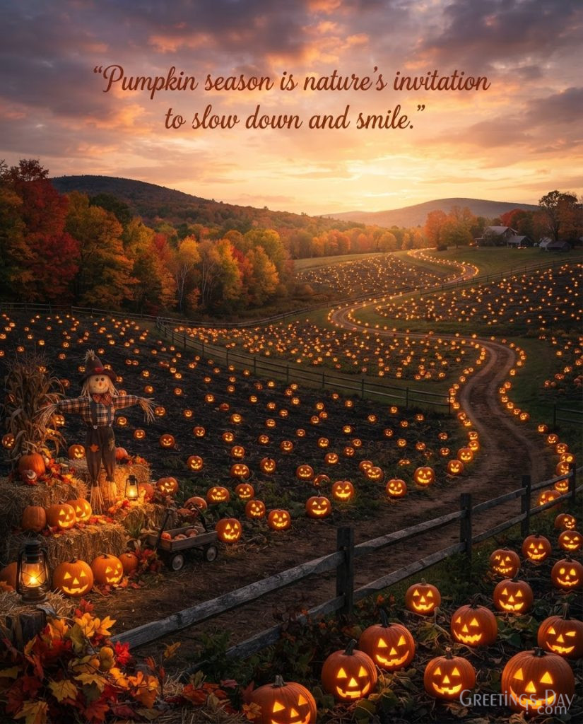 Halloween quote picture featuring endless pumpkins, harvest farm, colorful autumn landscape, and seasonal saying