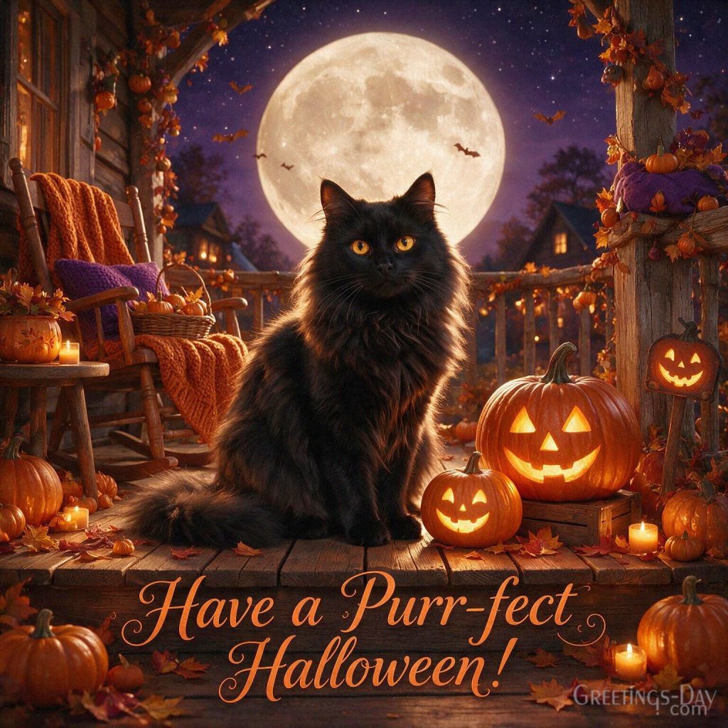 Cute black cat Halloween card with glowing jack-o’-lanterns