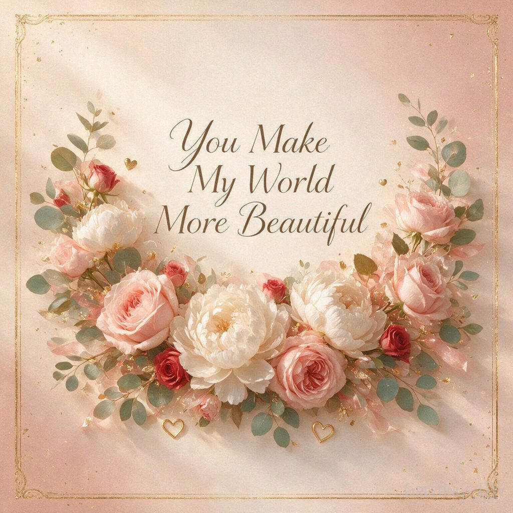 Romantic card for her with pink roses and peonies featuring “You Make My World More Beautiful” with the text 