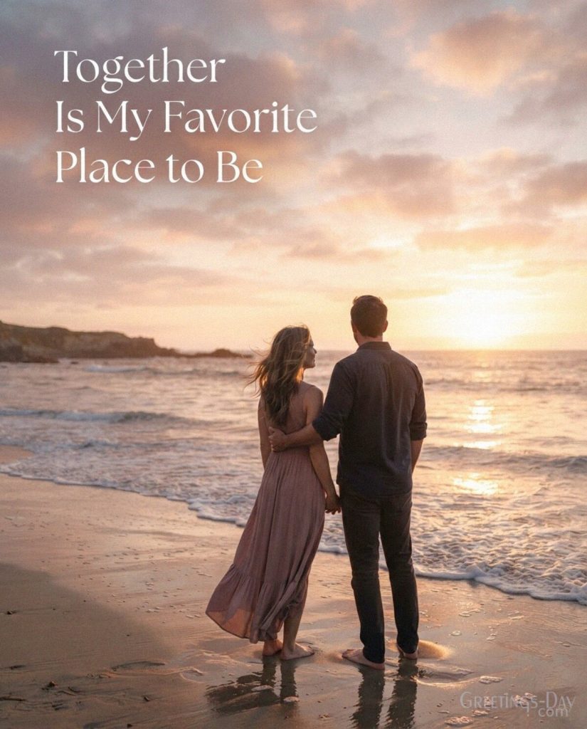Romantic card with a loving couple at sunset and sweet message “Together Is My Favorite Place to Be” with the text 