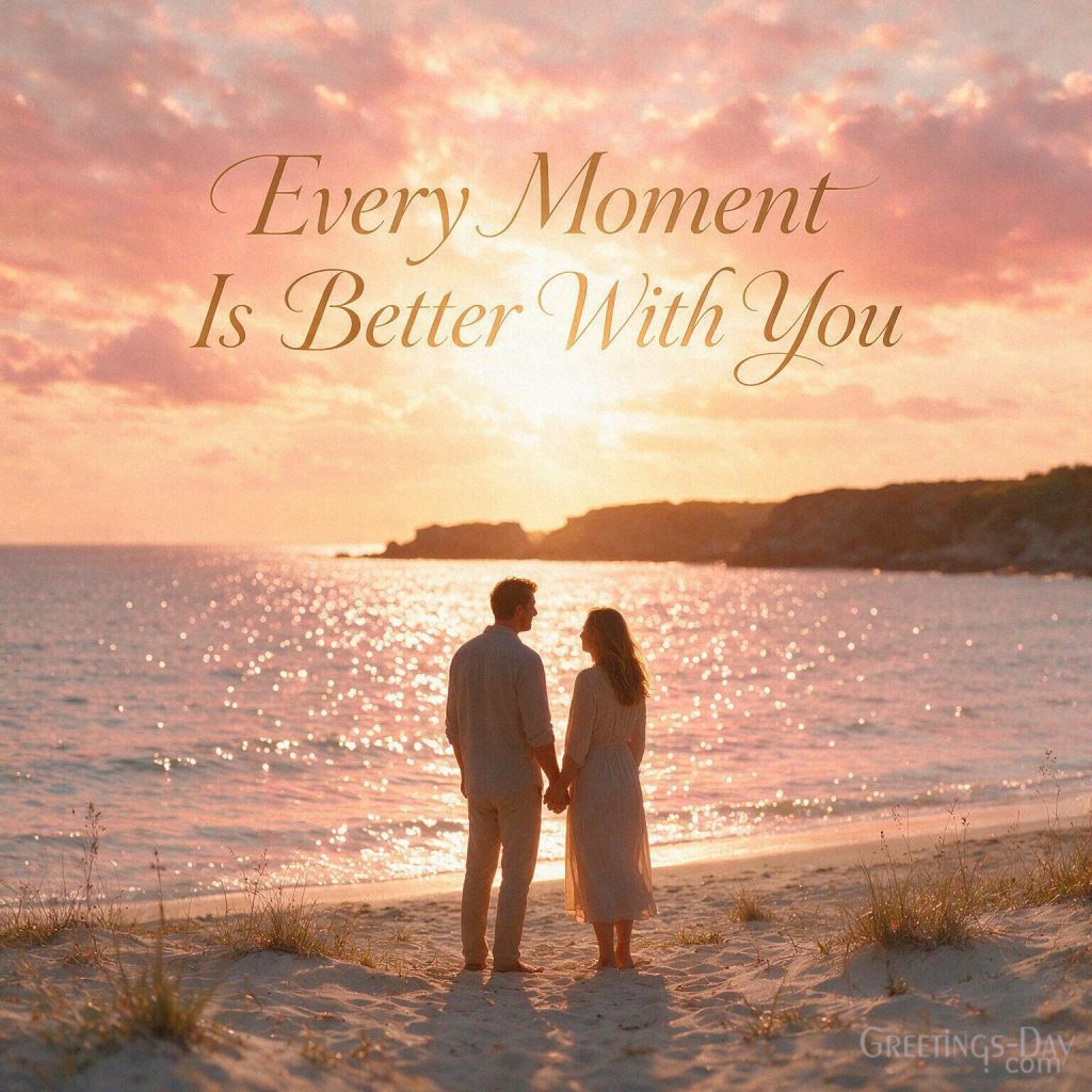 Romantic couple card at a golden sunset with the message “Every Moment Is Better With You” with the text 