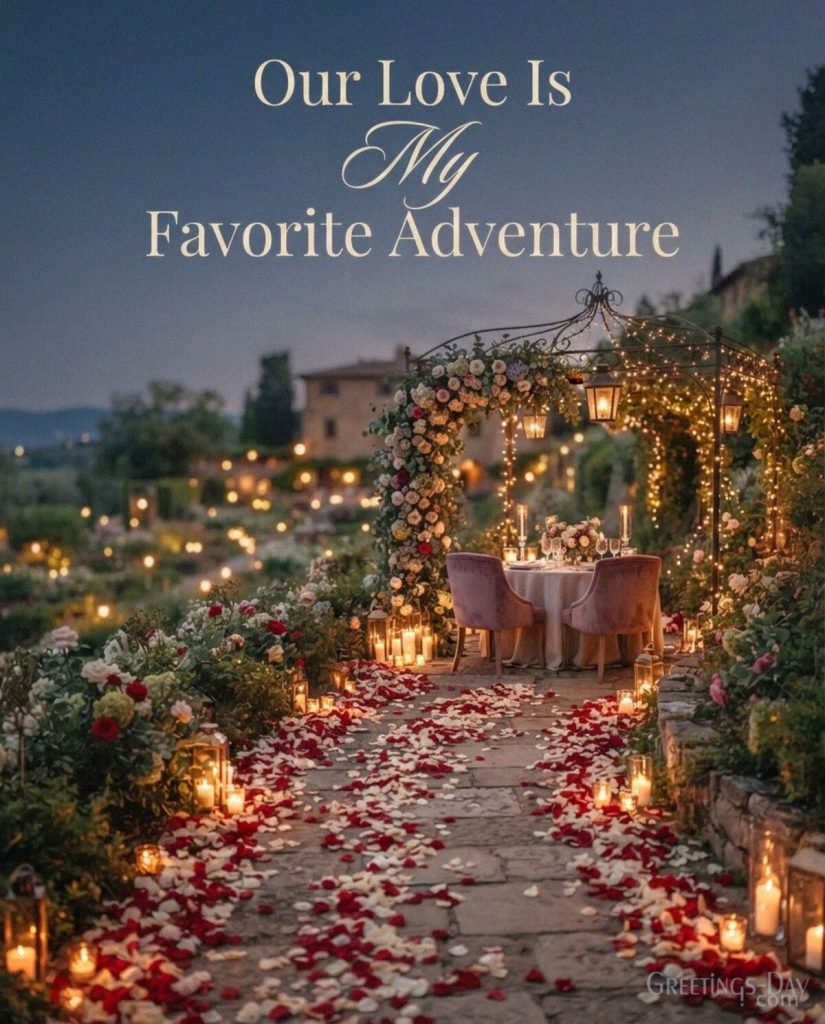 Romantic love card with an elegant candlelit setting and message “Our Love Is My Favorite Adventure” with the text 
