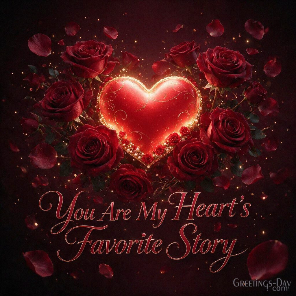 Elegant romantic love card with red roses and glowing heart featuring “You Are My Heart’s Favorite Story” with the text 