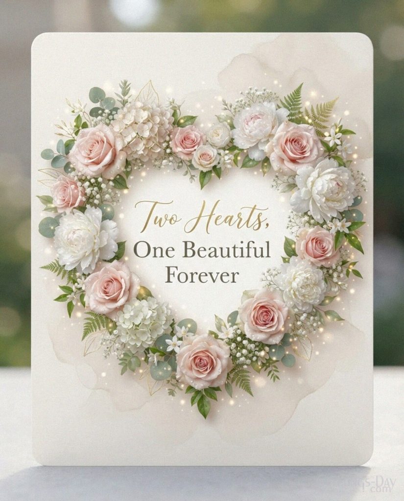 Romantic wedding greeting card with a floral heart saying “Two Hearts