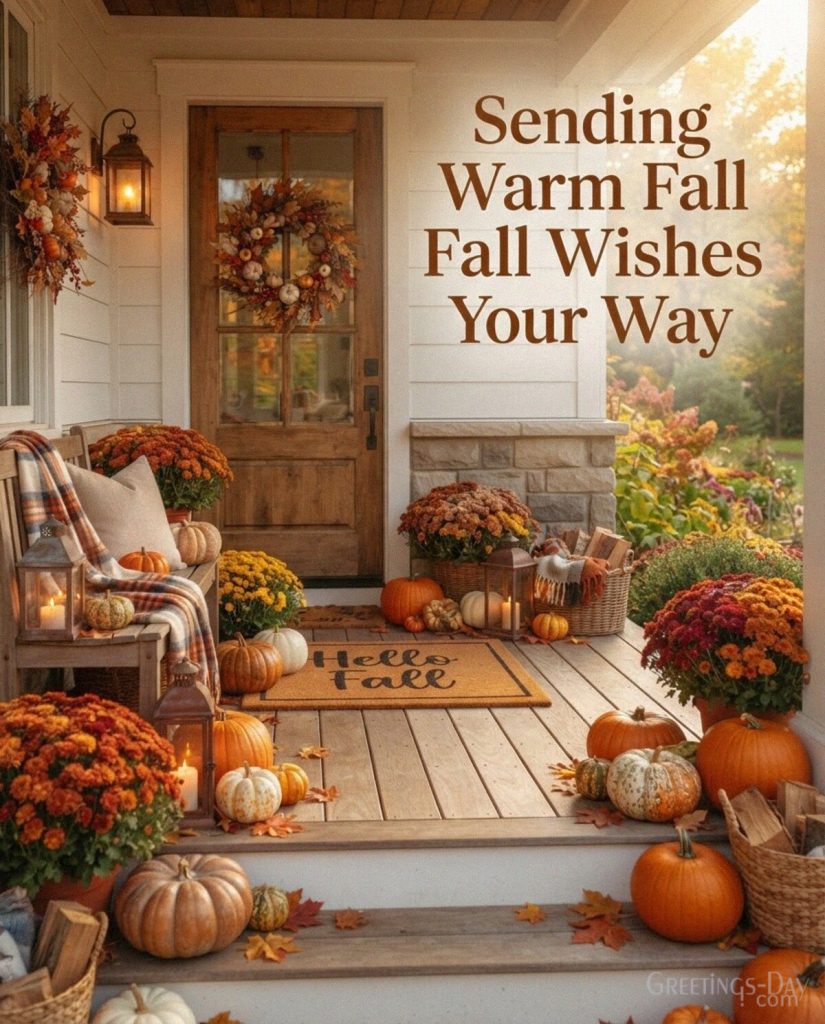 Cozy autumn greeting with pumpkins and colorful porch decorations featuring “Sending Warm Fall Wishes Your Way.” with the text 