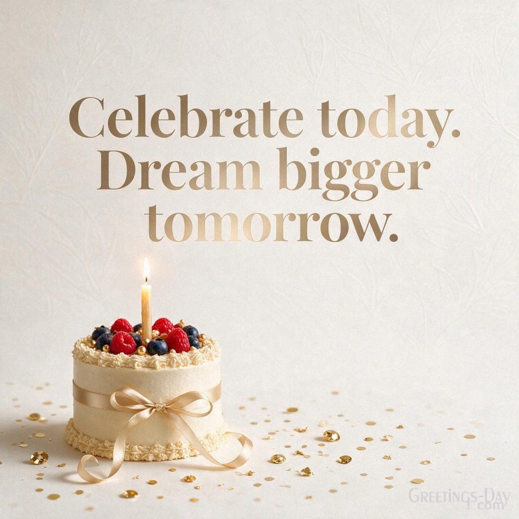 Short Birthday Quote image with minimalist cake and gold confetti saying “Celebrate today. Dream bigger tomorrow.” with the text 