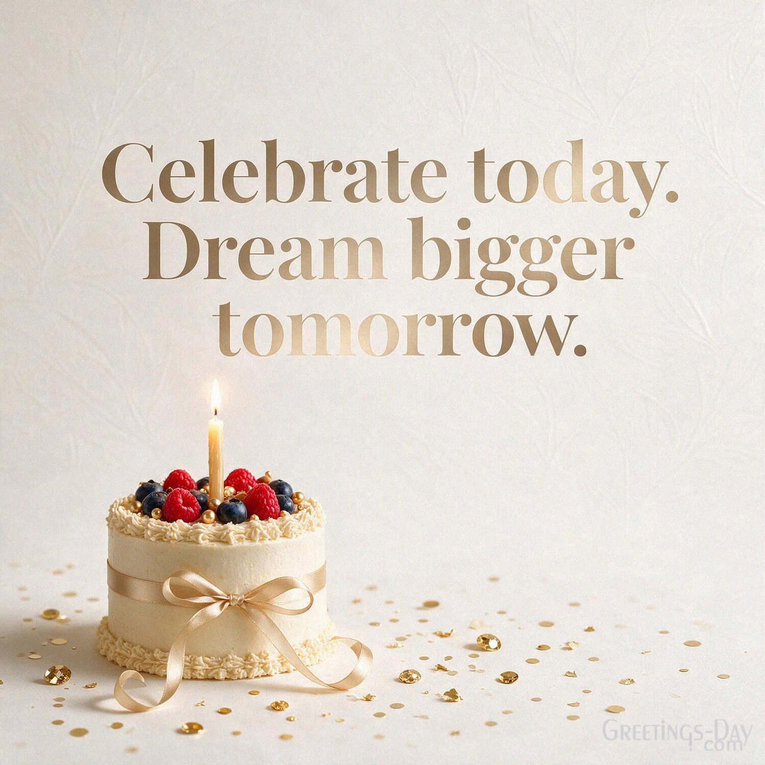 Short Birthday Quote image with minimalist cake and gold confetti saying “Celebrate today. Dream bigger tomorrow.” with the text "Celebrate today. Dream bigger tomorrow."