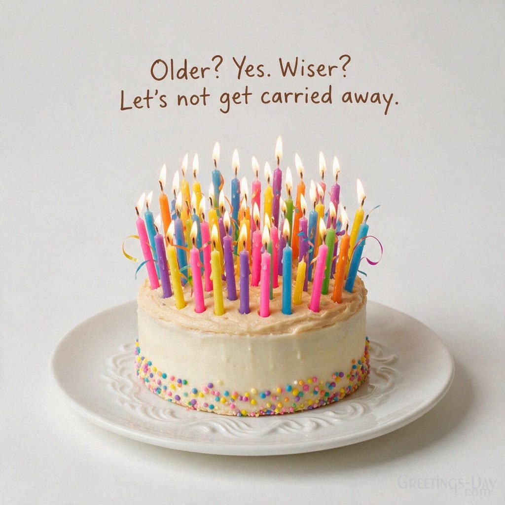 Short Funny Birthday Quote image with a candle-covered cake saying “Older? Yes. Wiser? Let's not get carried away.” with the text 