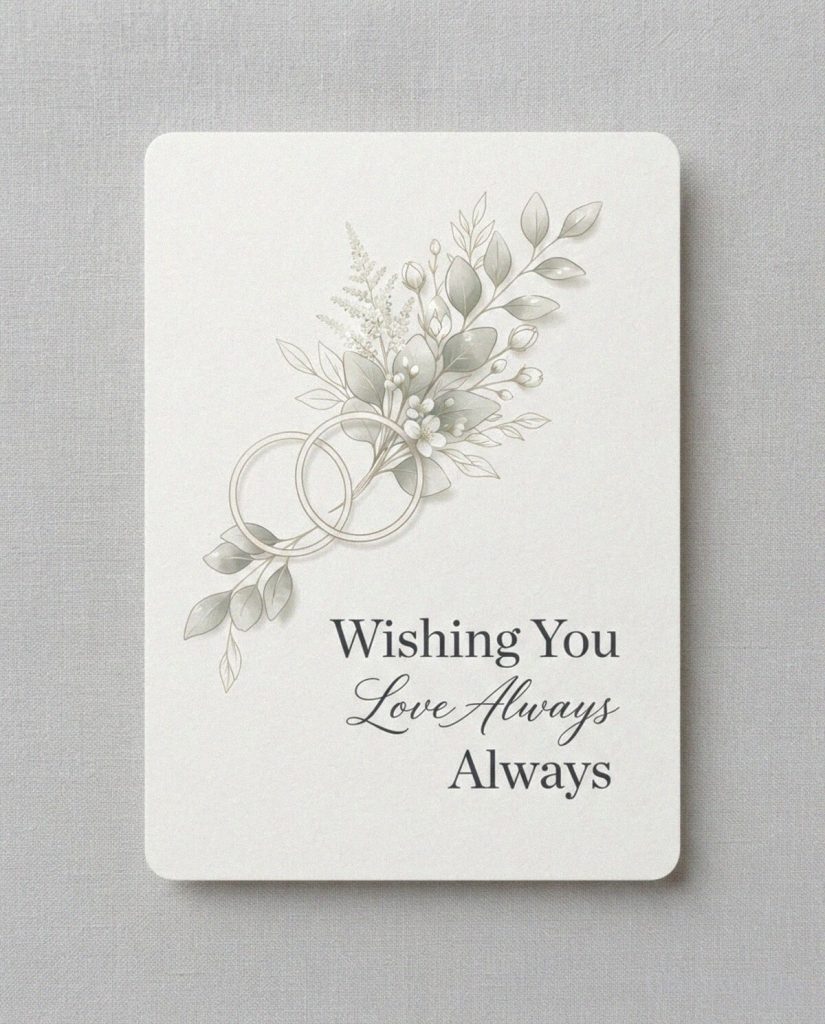 Simple elegant wedding greeting card with minimalist floral design saying “Wishing You Love Always” with the text 