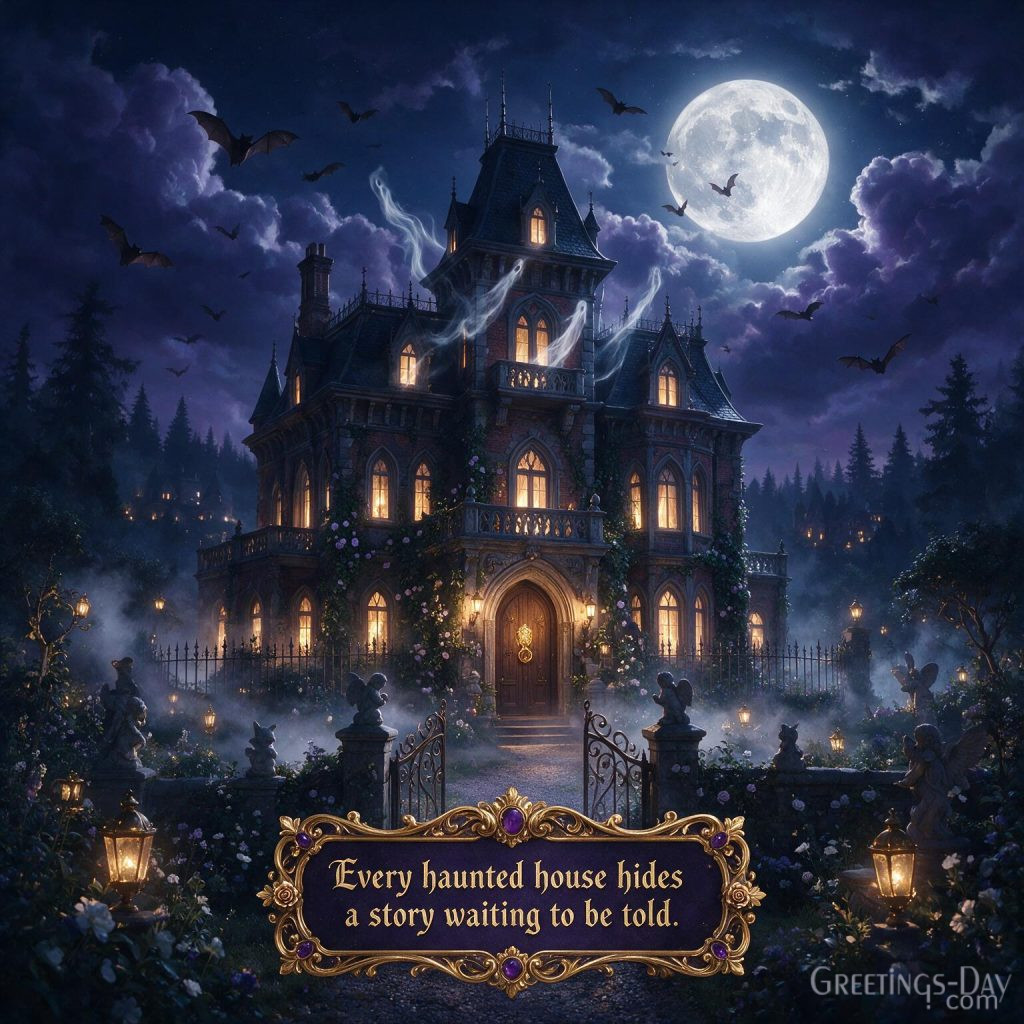 Spooky Halloween quotes image featuring haunted Victorian mansion, bats, moonlight, and mysterious Halloween saying