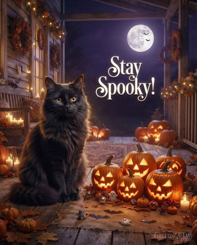 Black cat Halloween greeting card with glowing pumpkins