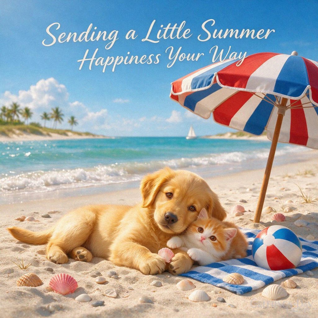 Cute summer greeting with a puppy and kitten by the ocean featuring “Sending a Little Summer Happiness Your Way.” with the text