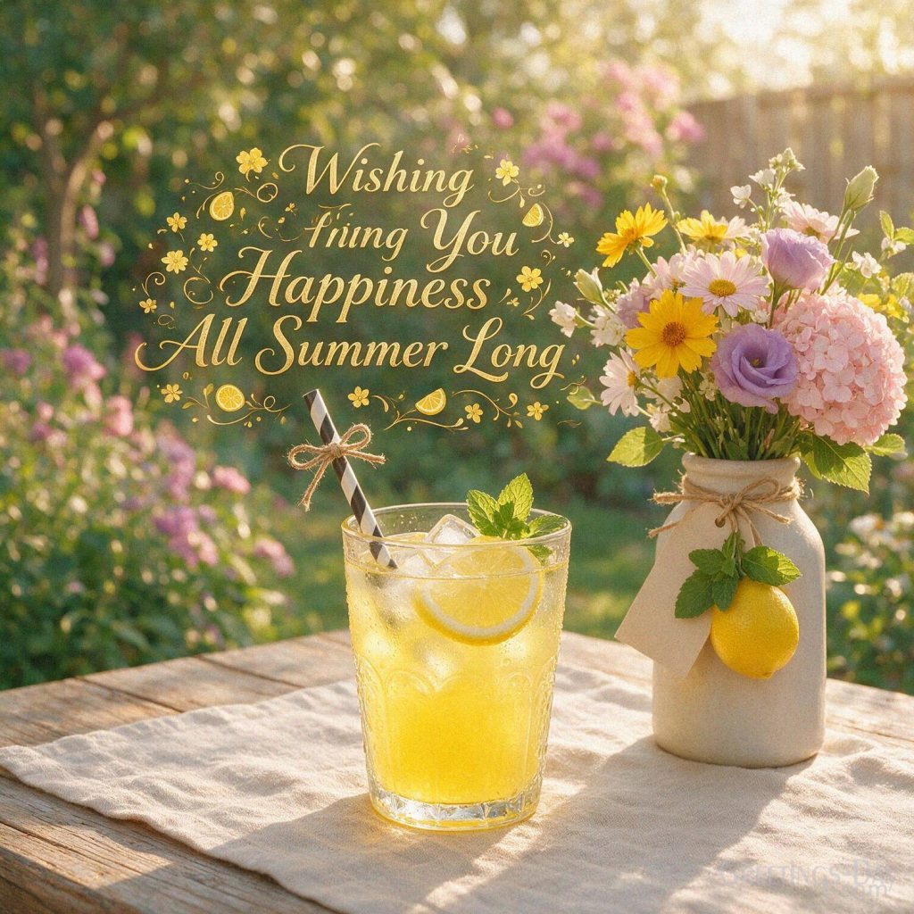 Summer wishes greeting with fresh lemonade and flowers featuring the message “Wishing You Happiness All Summer Long.” with the text 