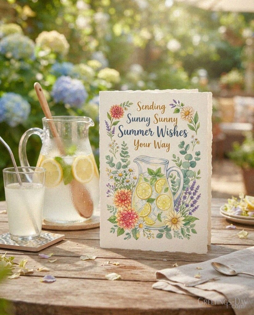 Sunny summer wishes image with lemonade and colorful flowers featuring “Sending Sunny Summer Wishes Your Way.” with the text 