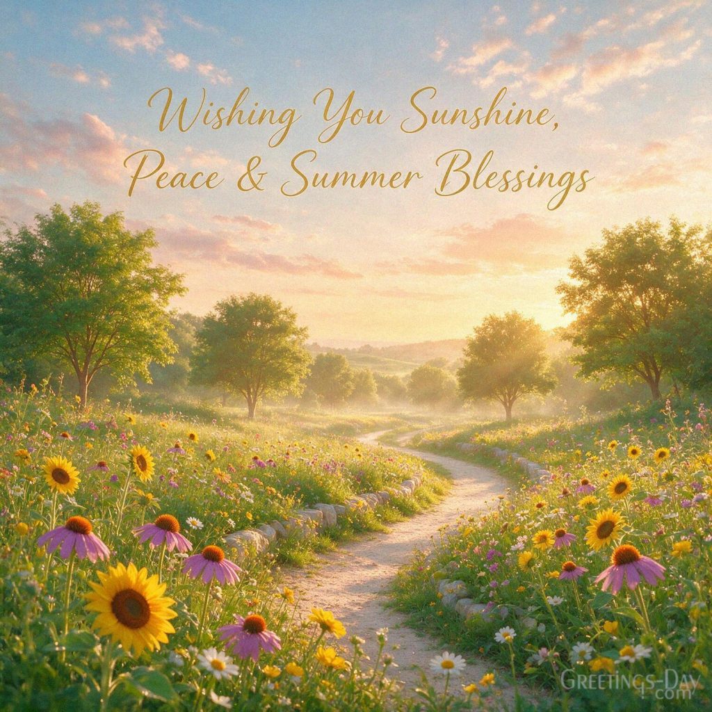Inspirational summer greeting with golden sunlight and wildflowers featuring “Wishing You Sunshine