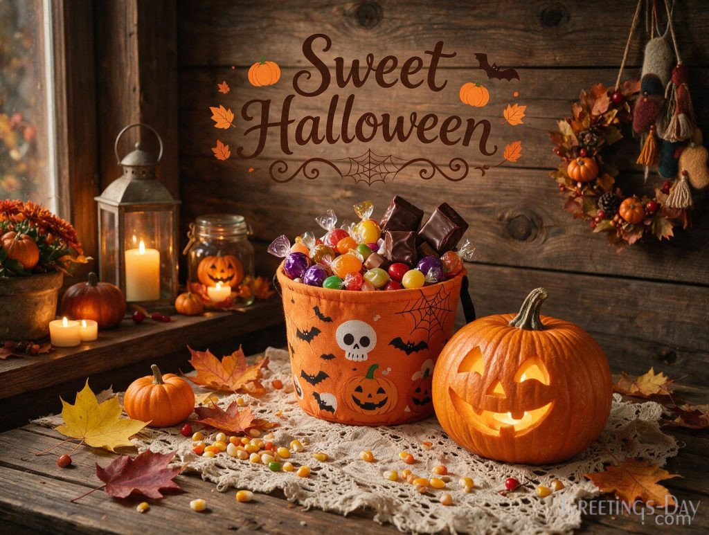 Sweet Halloween wallpaper featuring colorful candy pumpkins and warm candlelight