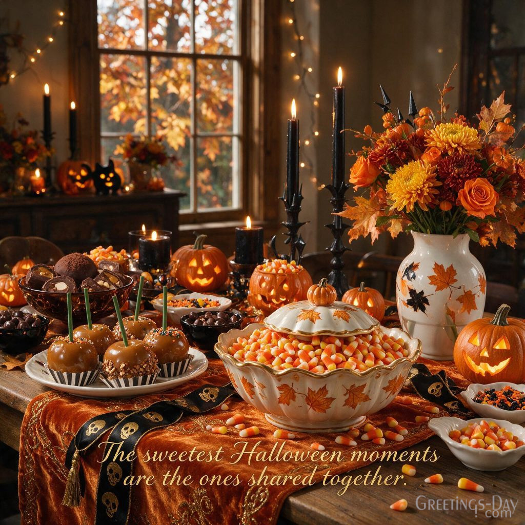 Sweet Halloween quotes image with candy, pumpkins, autumn decorations, and family Halloween message