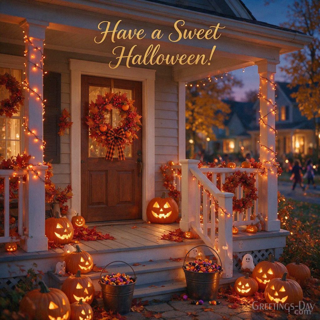 Sweet Halloween greeting card with candy buckets