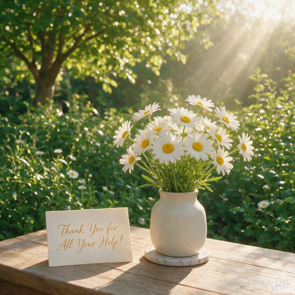 Bright Thank You for your help image with sunlit daisies and the cheerful message “Thank You for All Your Help!” with the text 