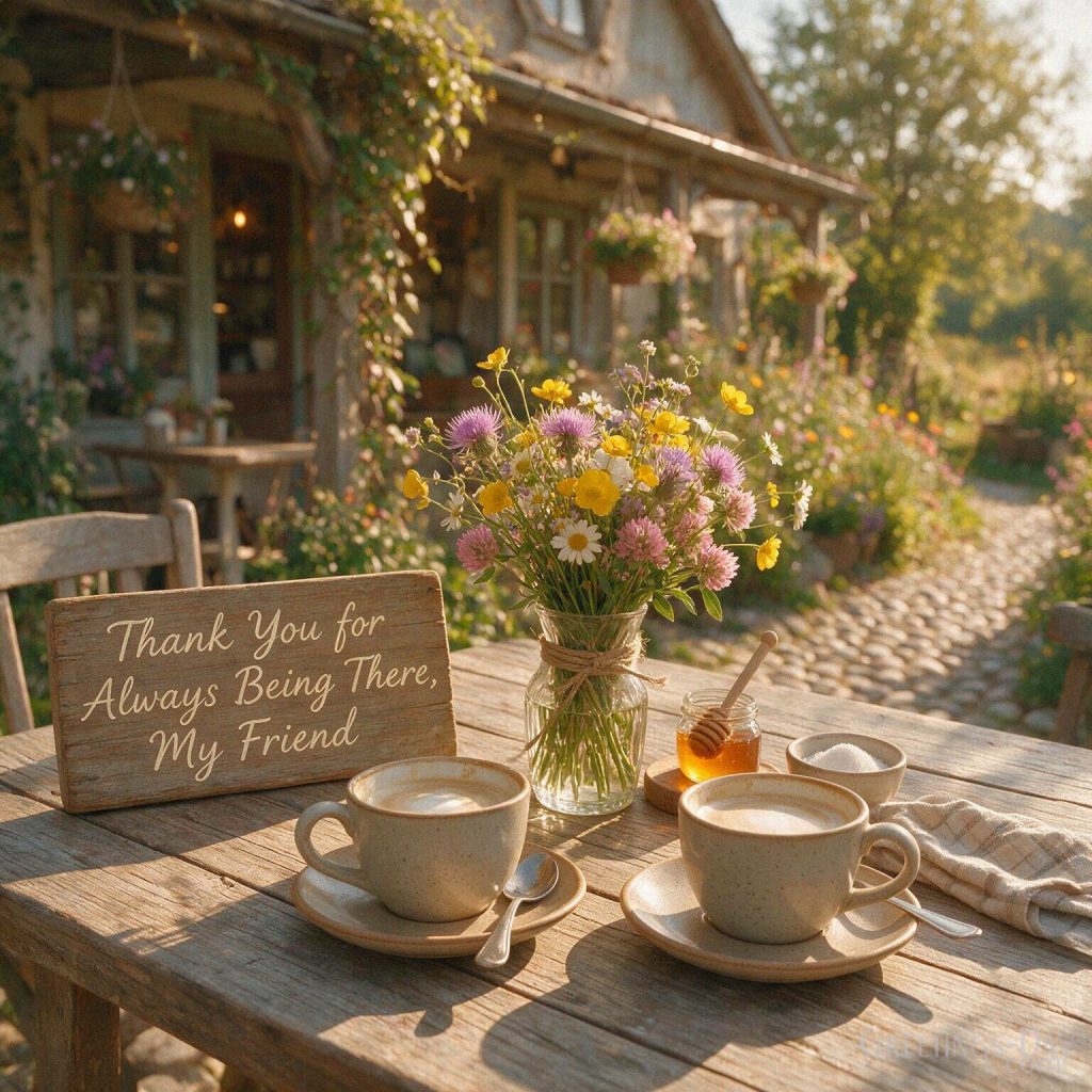 Warm Thank You friend image with coffee and colorful flowers featuring “Thank You for Always Being There