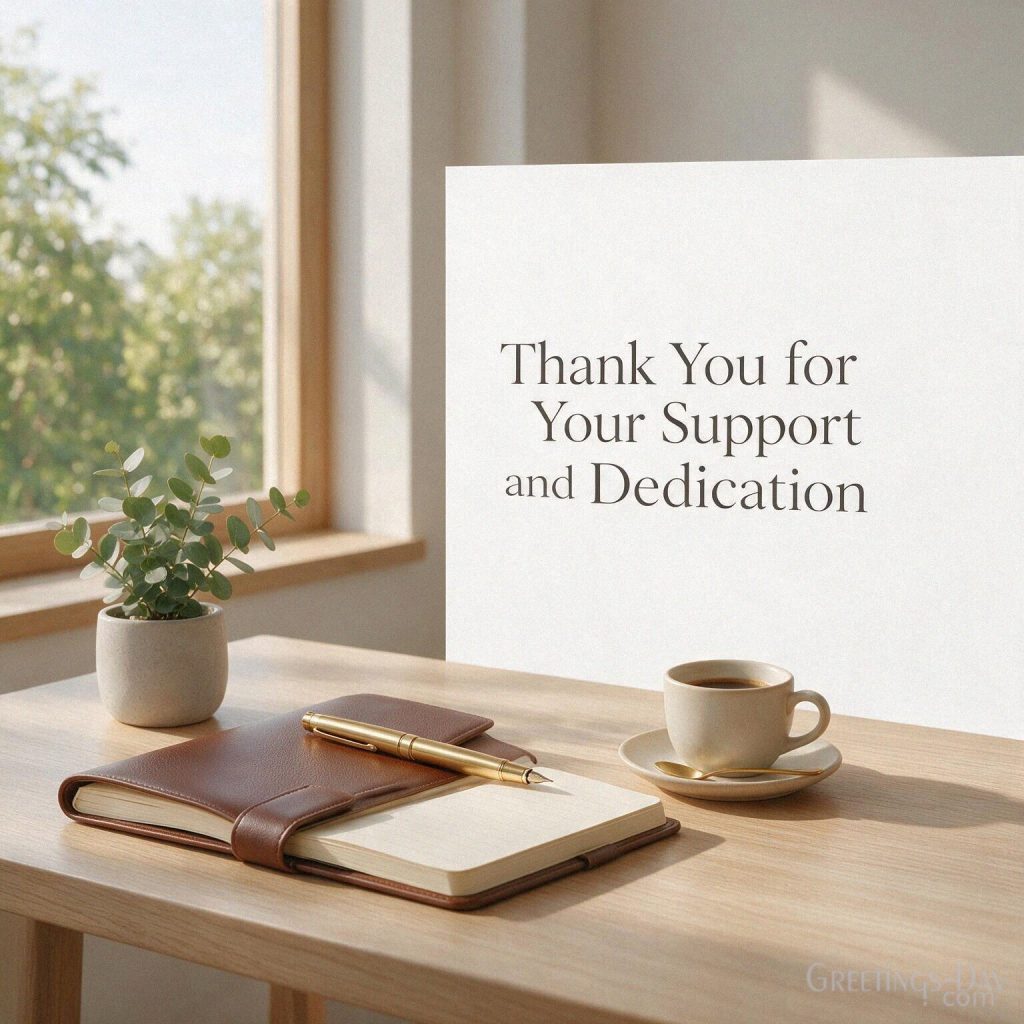 Professional Thank You message with a modern workspace saying “Thank You for Your Support and Dedication.” with the text 