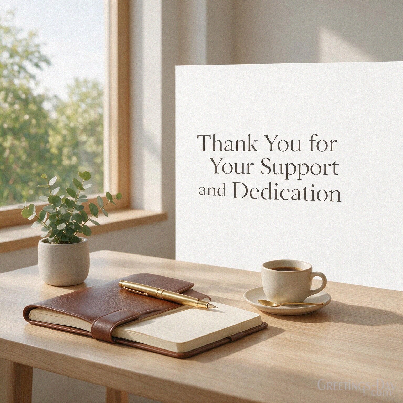 Professional Thank You message with a modern workspace saying “Thank You for Your Support and Dedication.” with the text "Thank You for Your Support and Dedication"